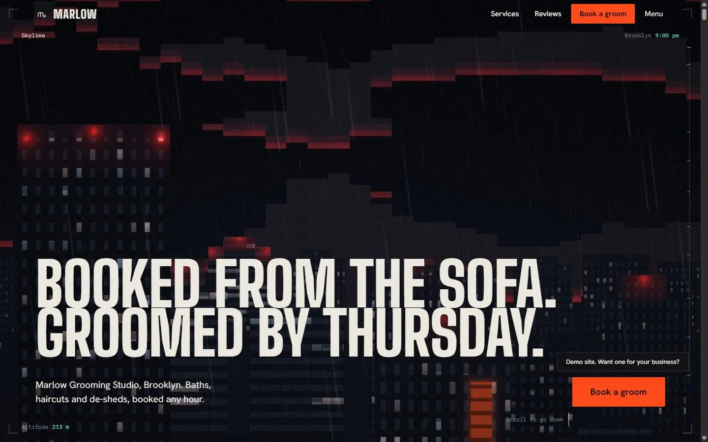Marlow's opening screen over a night city