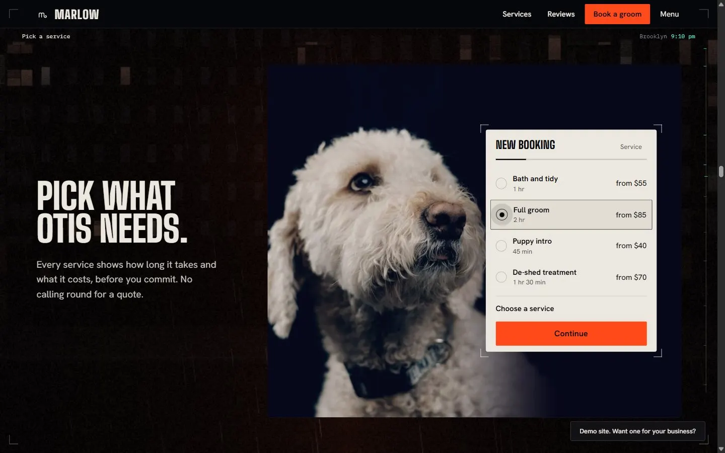 Marlow Grooming: a booking panel next to a photo of a fluffy dog