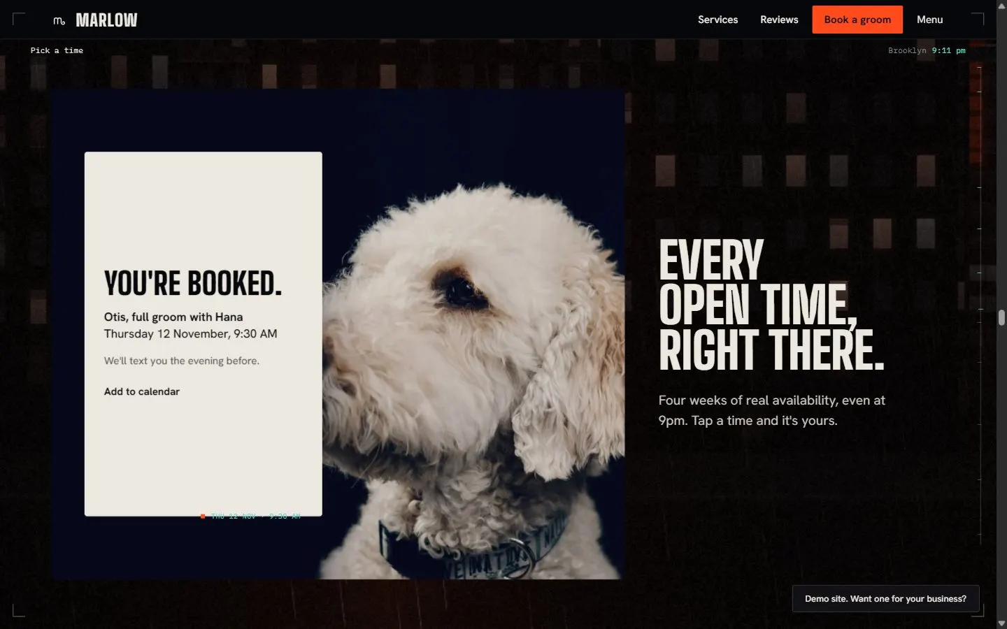 The booking confirmation next to a dog photo