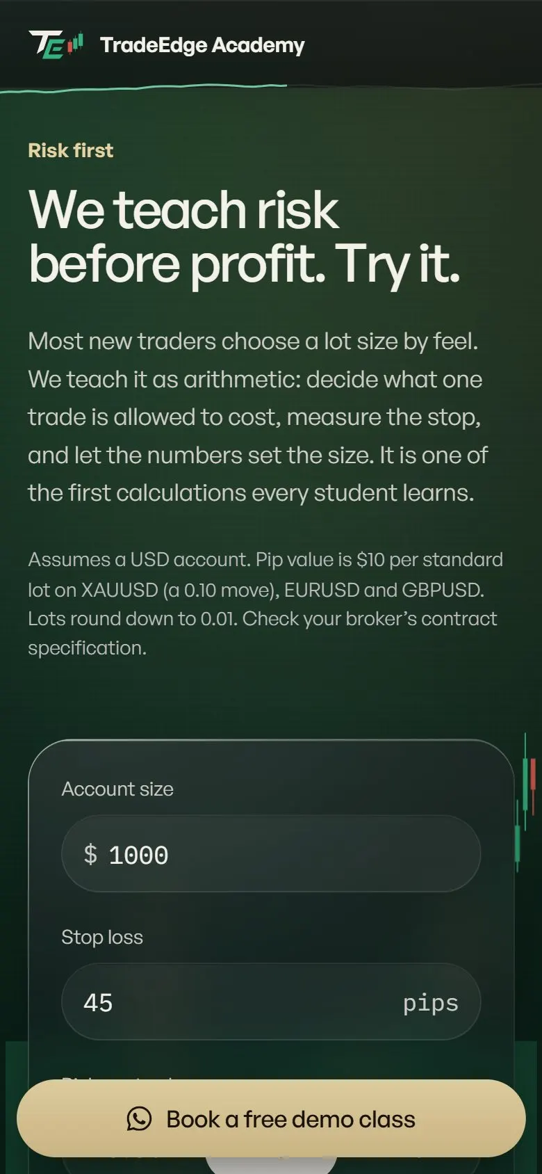 The risk calculator on a phone